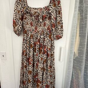 Free People Leopard and Floral Long Sleeve Dress
